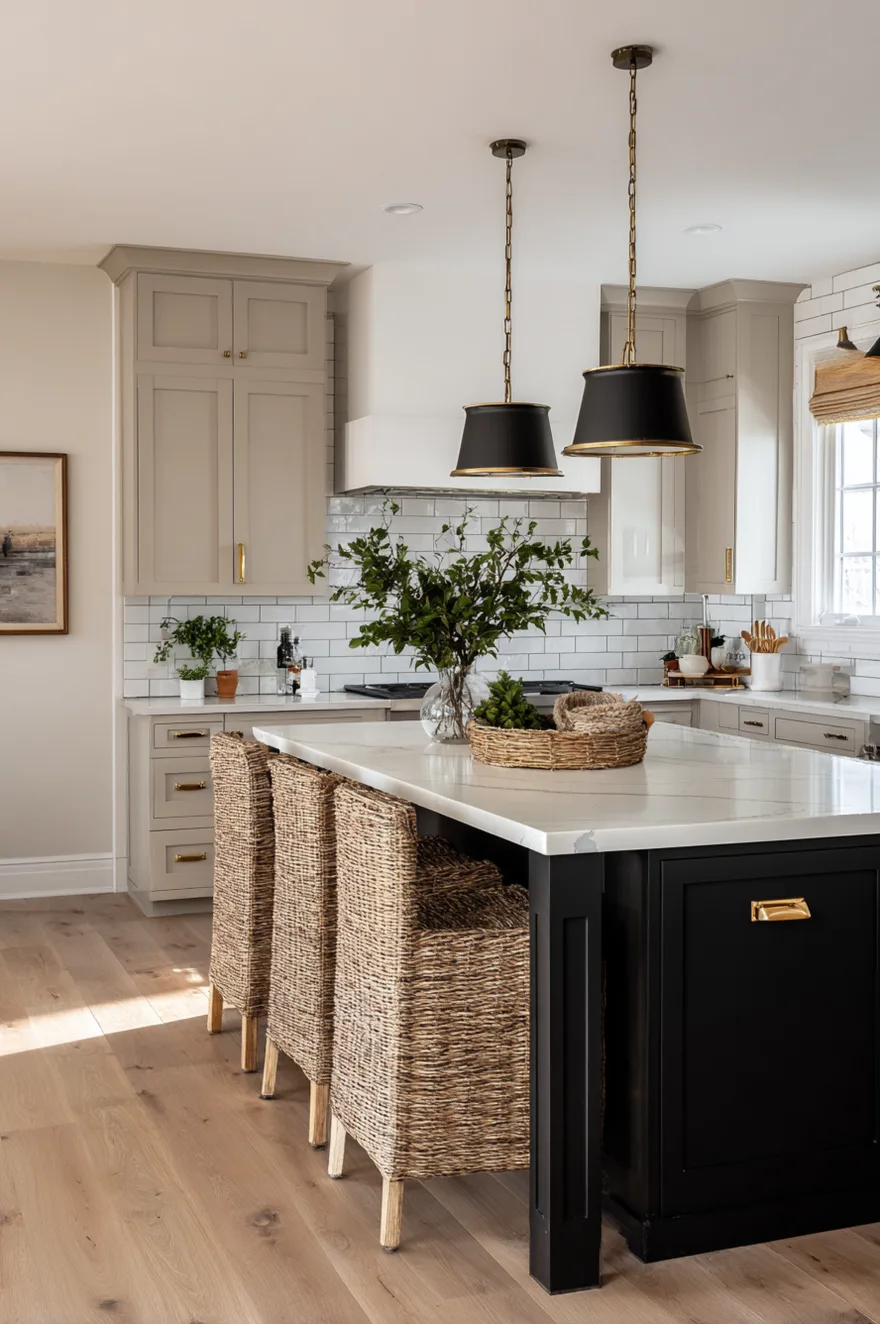 A modern kitchen featuring a bold matte black island with a white marble countertop, contrasting beautifully with warm taupe perimeter cabinets and brass pendant lights hanging above.