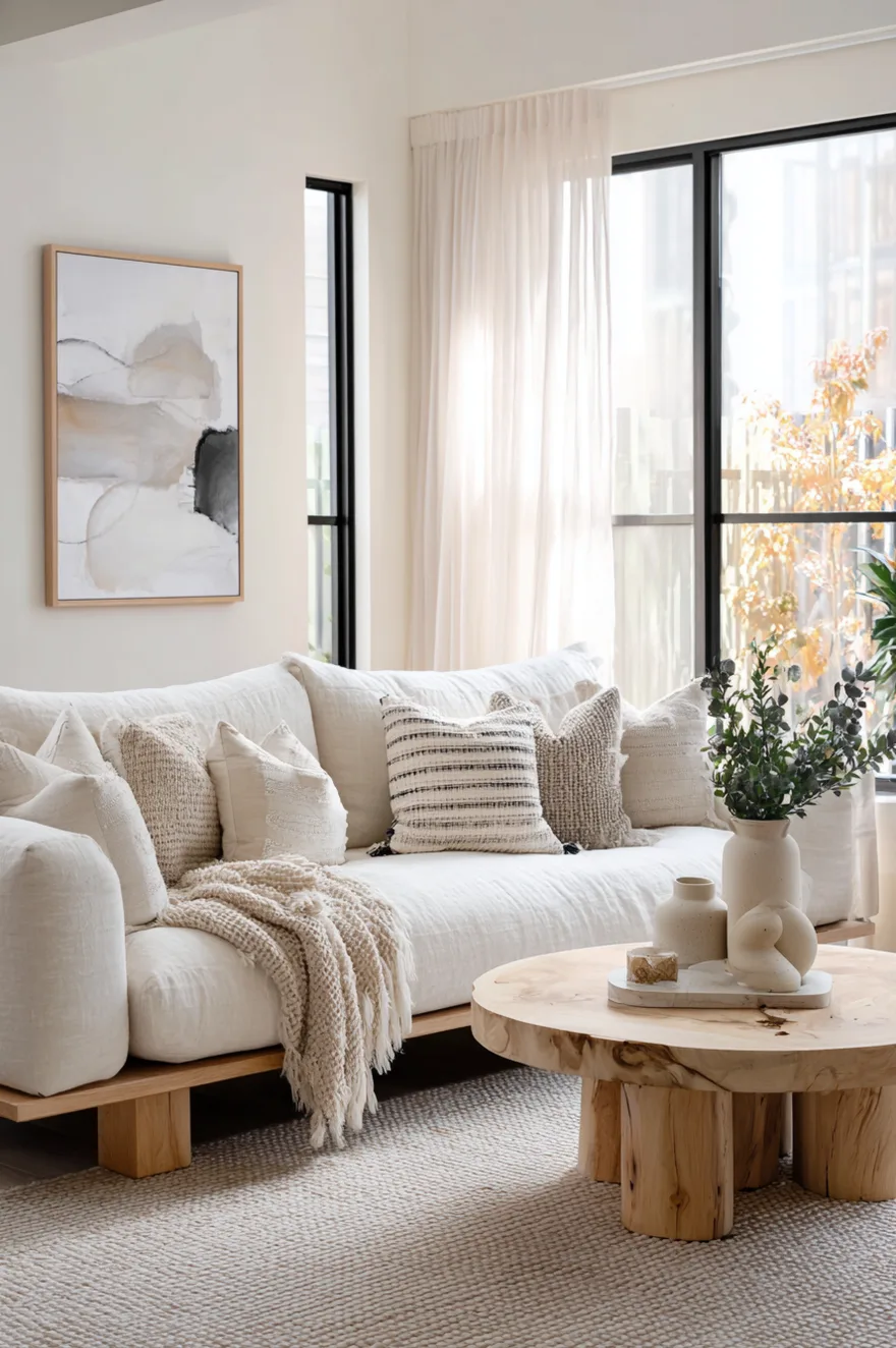 Low profile cream linen sofa with visible wooden legs styled with a mix of neutral textured throw pillows in a bright and minimalist Japandi living room.