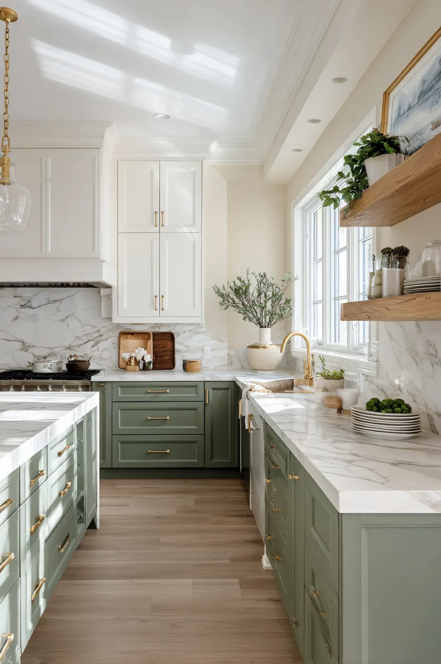 Two tone kitchen with navy blue lower cabinets and crisp white upper cabinets.