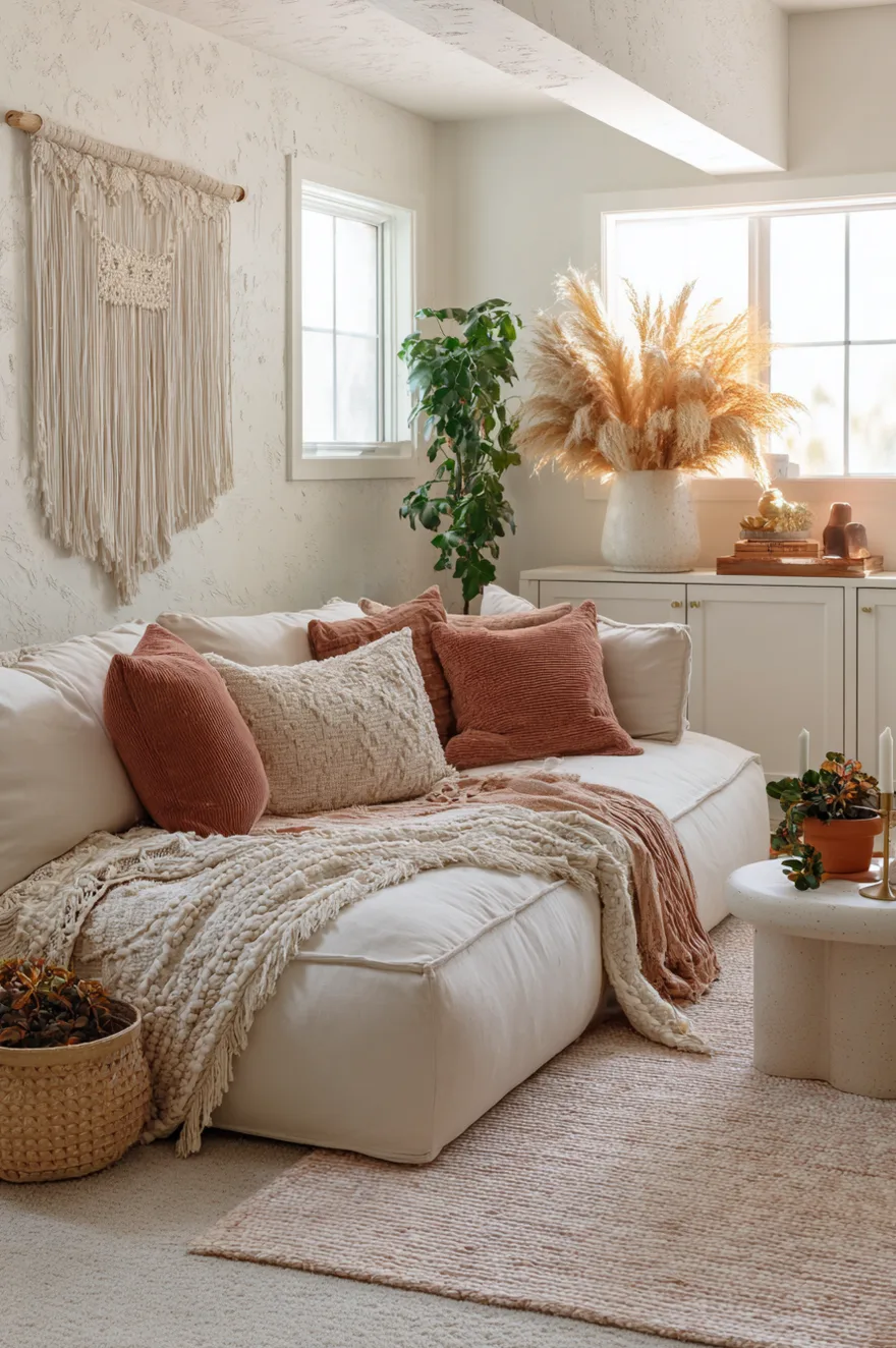 Soft boho finished basement with cream plaster walls, low platform sofa with a Moroccan wedding-blanket throw, hanging macrame panel, terracotta linen pillows, and trailing pothos in a terracotta pot.