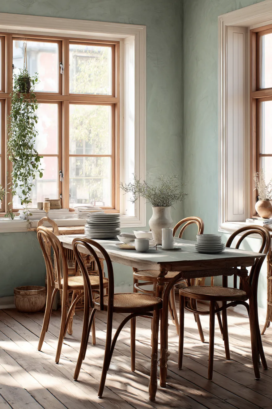 Four bentwood café chairs with slightly worn frames around an IKEA-style rectangular dining table against soft sage plaster walls with one chair pulled out casually.