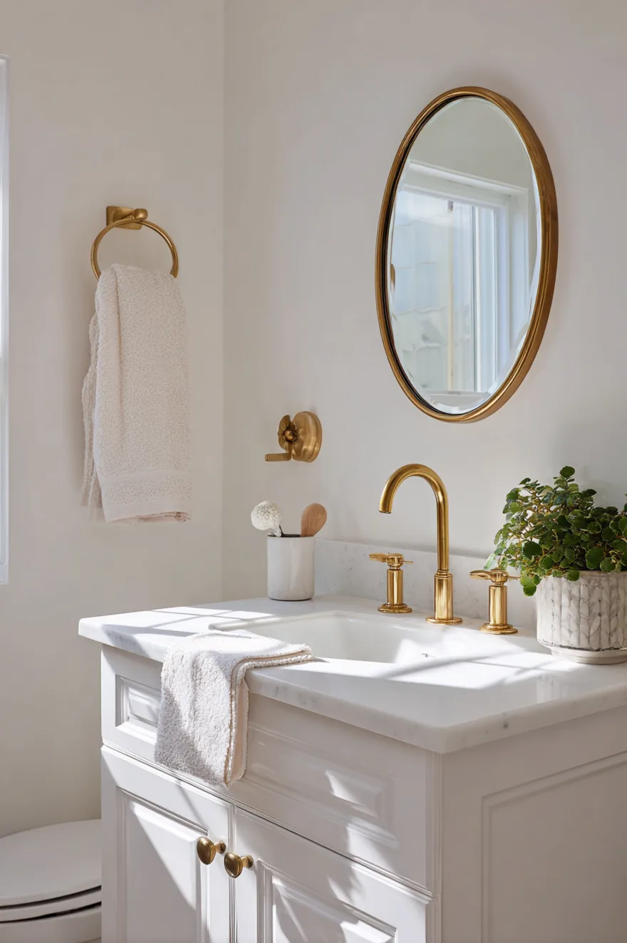White powder room vanity with unlacquered brass towel ring, toilet paper holder, robe hook, and brass faucet, showing a mixed polished and matte brass finish combination.