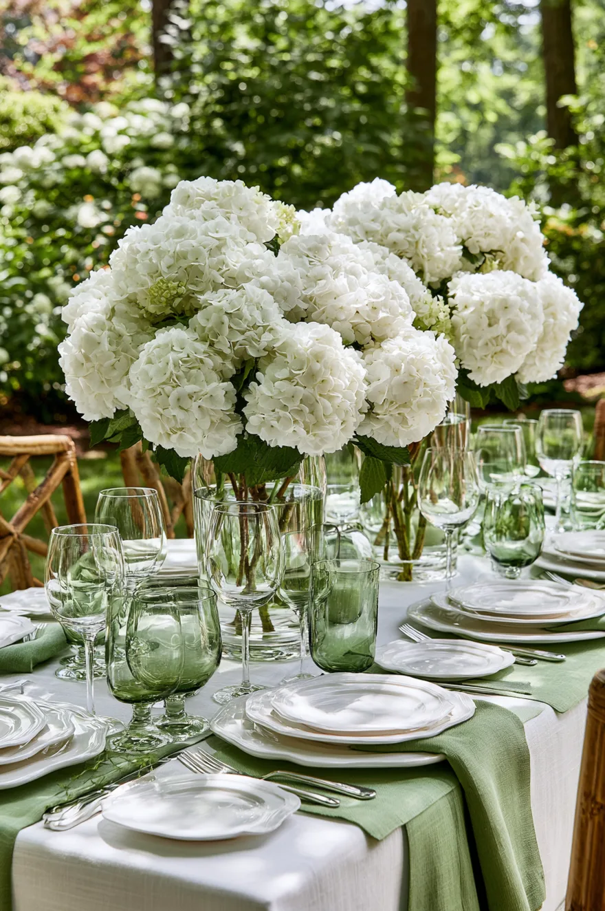Elegant backyard dining table with crisp white linens, numerous glass vases filled with large white hydrangeas and green foliage, under warm backyard string lights.