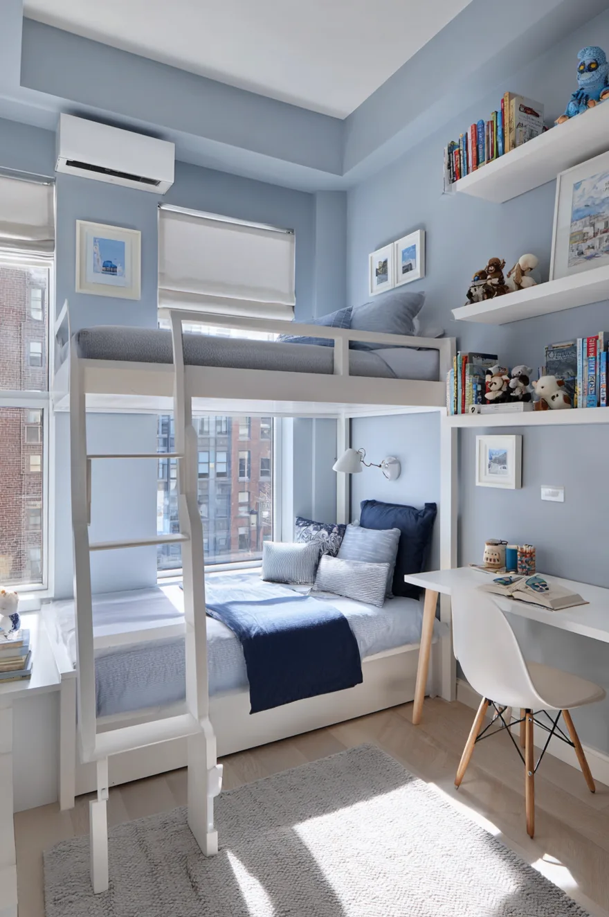 Small box room boys bedroom featuring a white bunk bed setup, light blue walls, a minimal white desk with a wood leg chair, and wall mounted white shelving holding books and stuffed animals.