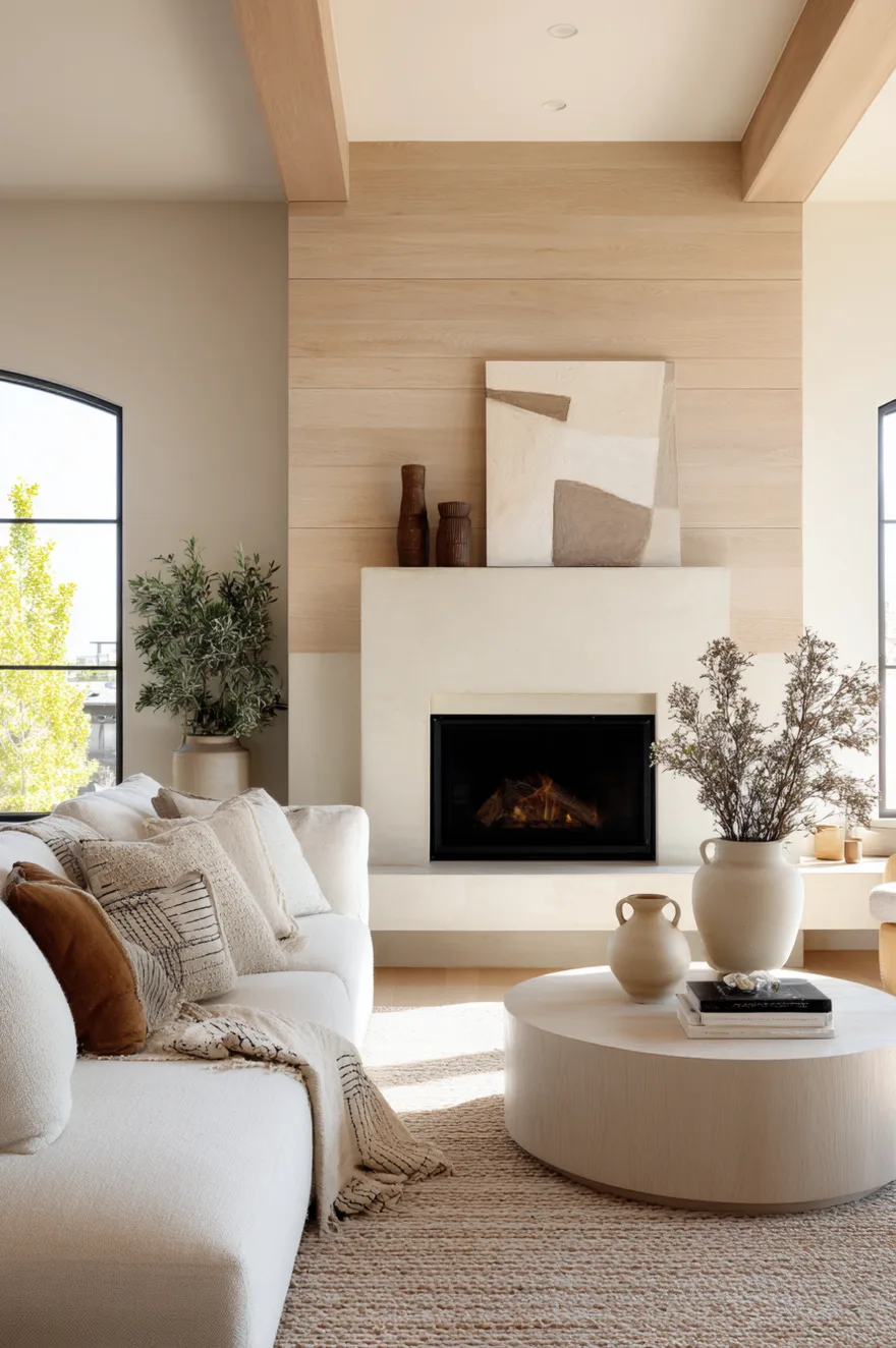 Modern built in fireplace featuring a flush light wood panel surround and minimalist styling, creating a seamless and warm architectural focal point in a living room.