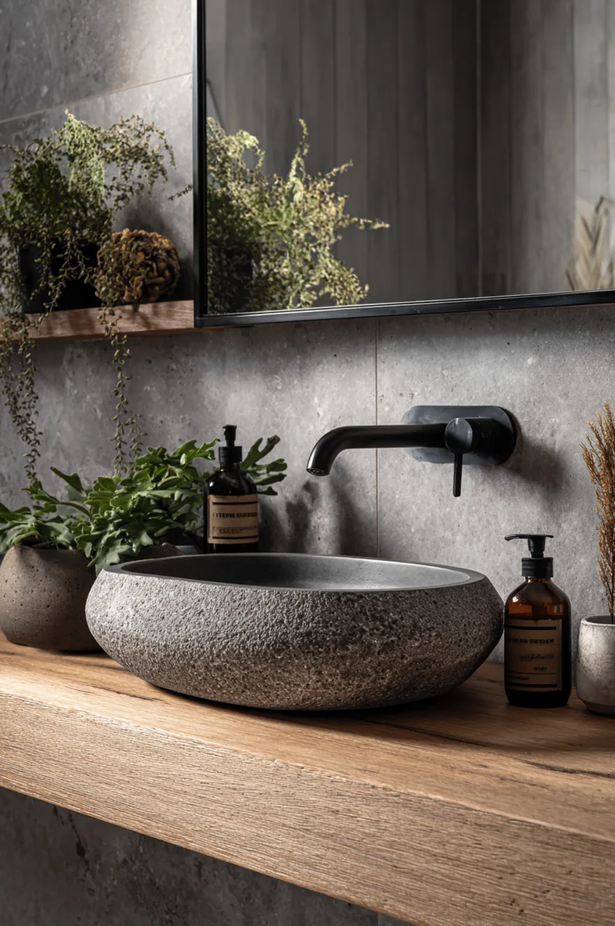A dark grey textured stone vessel sink resting on a natural wood vanity counter, paired with a matte black wall-mounted faucet against a backdrop of grey stone-look tiles and an amber soap bottle.