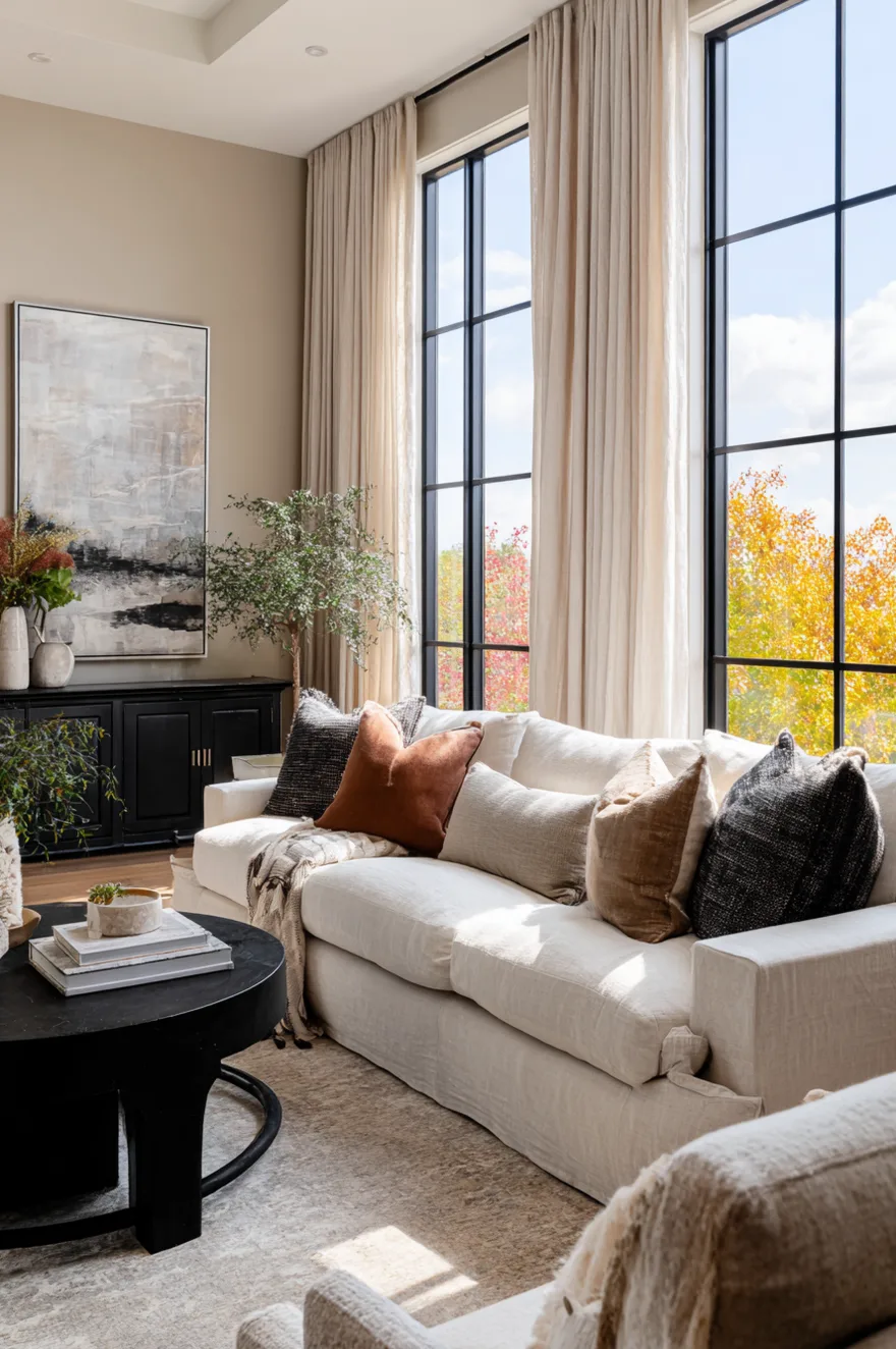 Floor to ceiling windows with black metal frames in a bright living room featuring a light beige sofa and a black round coffee table.