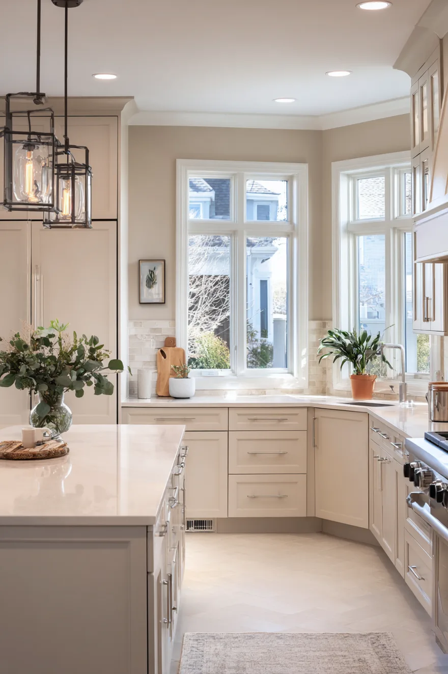 Spacious kitchen with neutral walls, white shaker cabinets, and a large island, staged for sale.