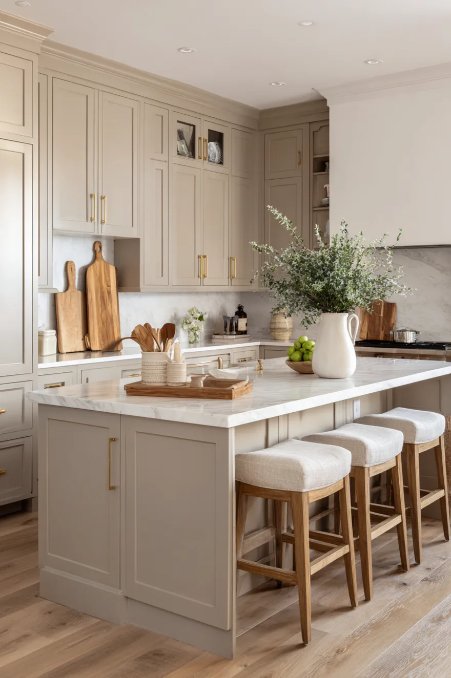 Warm taupe kitchen cabinets with a white countertop and backsplash, styled with natural wood cutting boards leaning against the wall and wooden cooking utensils to add organic texture.
