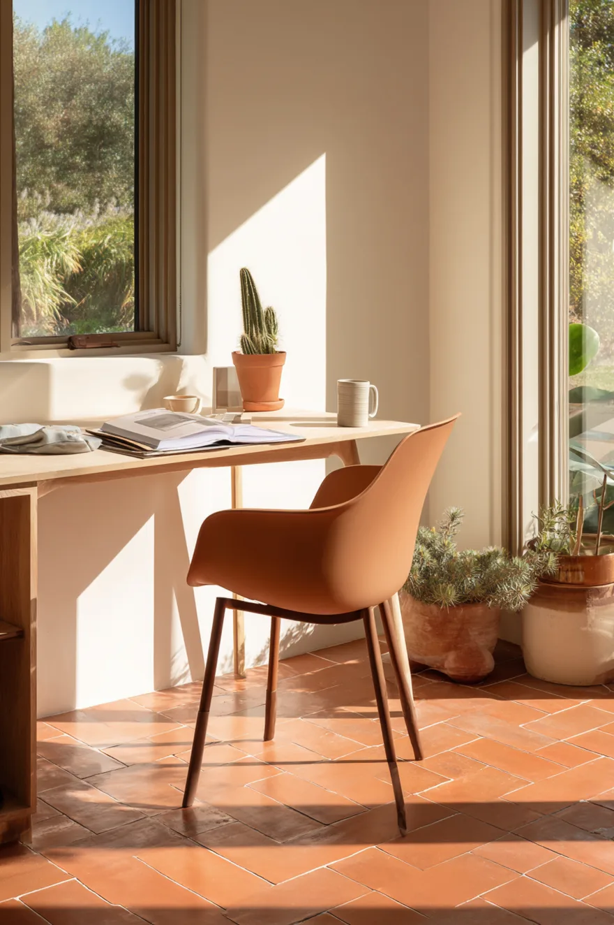 Slim stackable polypropylene shell chairs in warm sand tone at a dining table and pulled to a small desk corner on terracotta tile flooring with a cactus and open notebook.