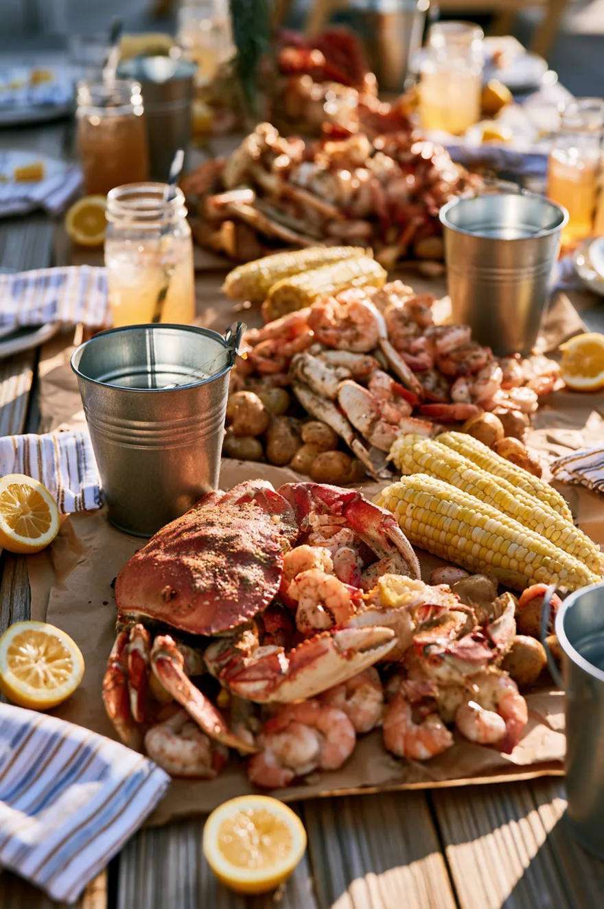 Outdoor table entirely covered in brown kraft paper, set with wooden serving boards, sliced lemons, metal buckets, and striped kitchen dish towels as napkins.