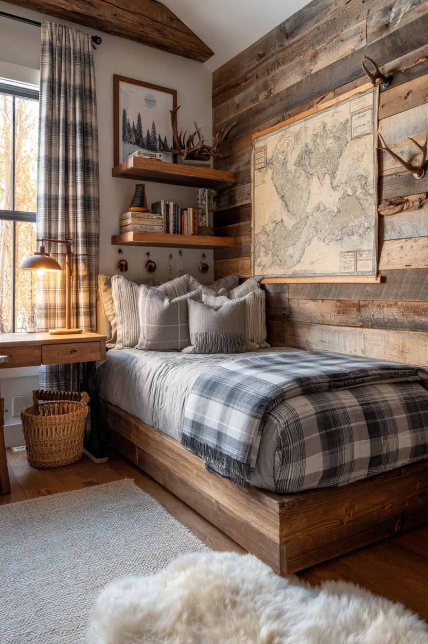 Rustic boys bedroom featuring a reclaimed wood plank accent wall displaying a vintage map and antlers, a dark wood bed with grey and white plaid bedding, and floating wood shelves.