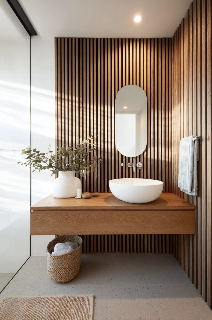A modern bathroom vanity area featuring a white bowl sink on a wood floating counter, backed by a floor-to-ceiling vertical wood slat accent wall, an oval frameless mirror, and a woven basket on the floor.