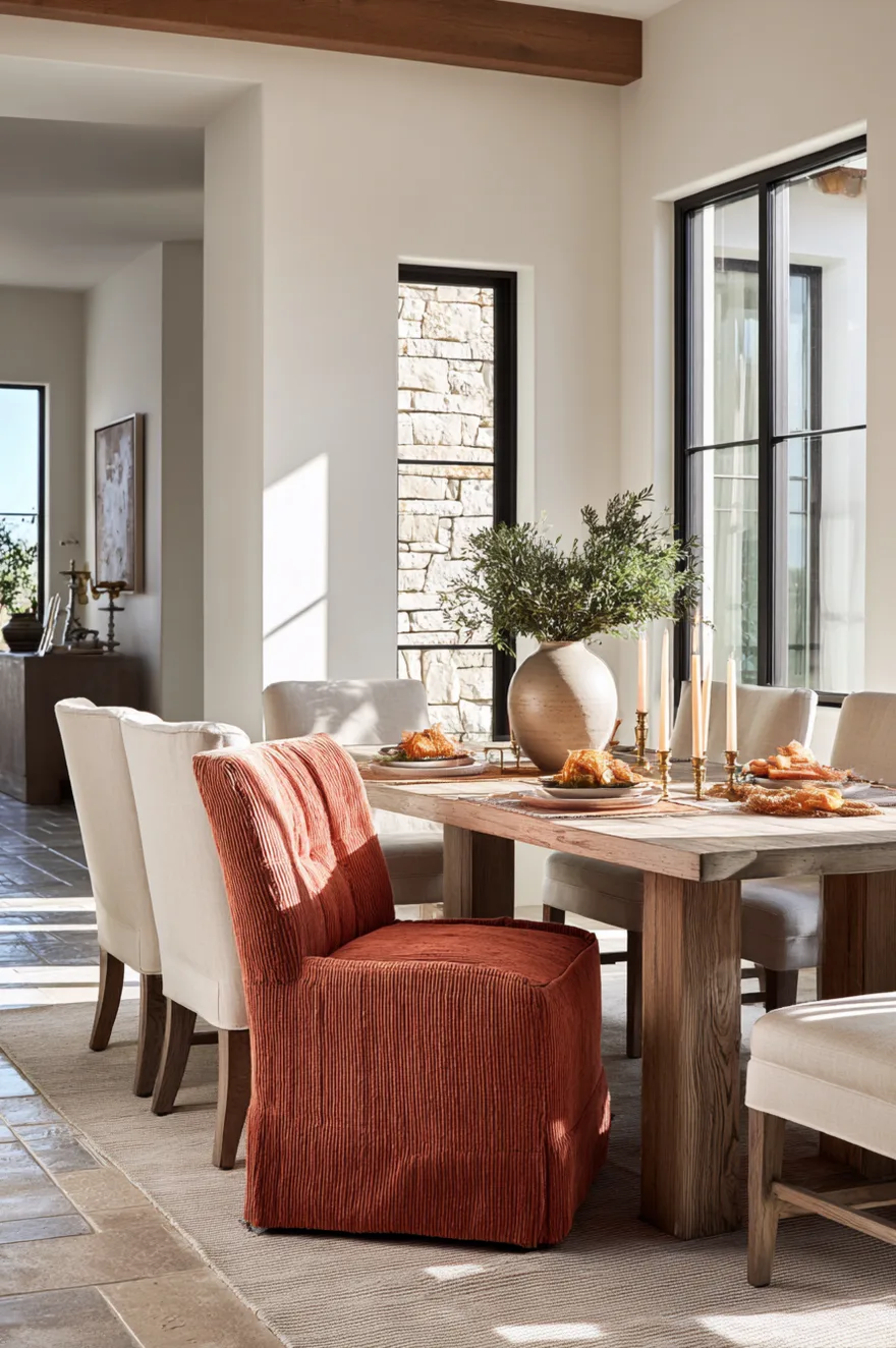 A single paprika orange linen armchair at the head of a neutral dining table surrounded by cream upholstered side chairs, stone tile floor, and simple taper candles.