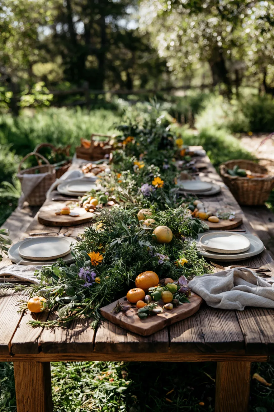 Long rustic wooden table featuring an organic running centerpiece made of foraged olive branches, herb sprigs, and scattered citrus fruits with numerous white taper candles.
