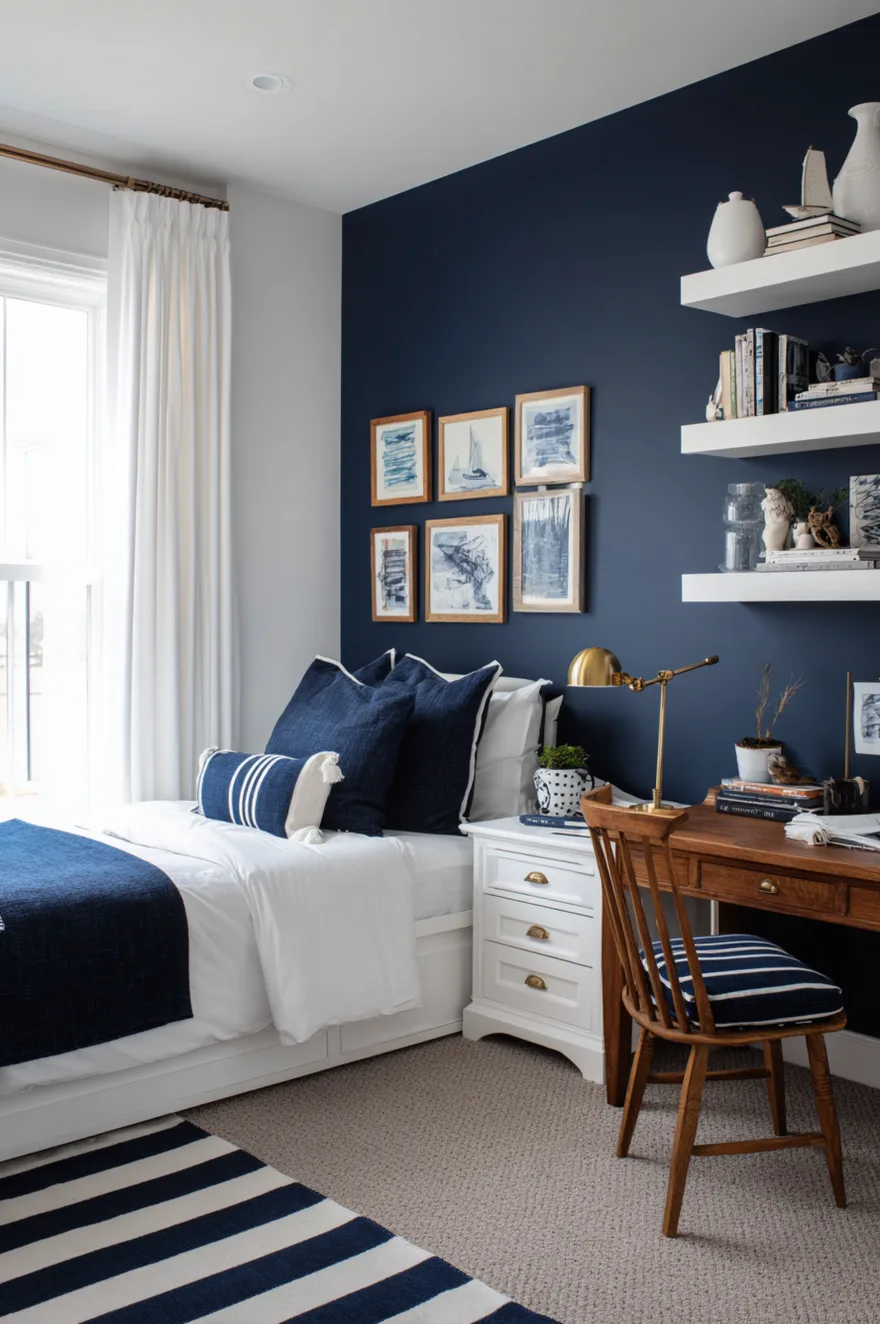 Classic boys bedroom with a deep navy blue accent wall, a white bed styled with navy blue pillows and a throw blanket, white floating shelves, a vintage wood desk, and a blue and white striped area rug.