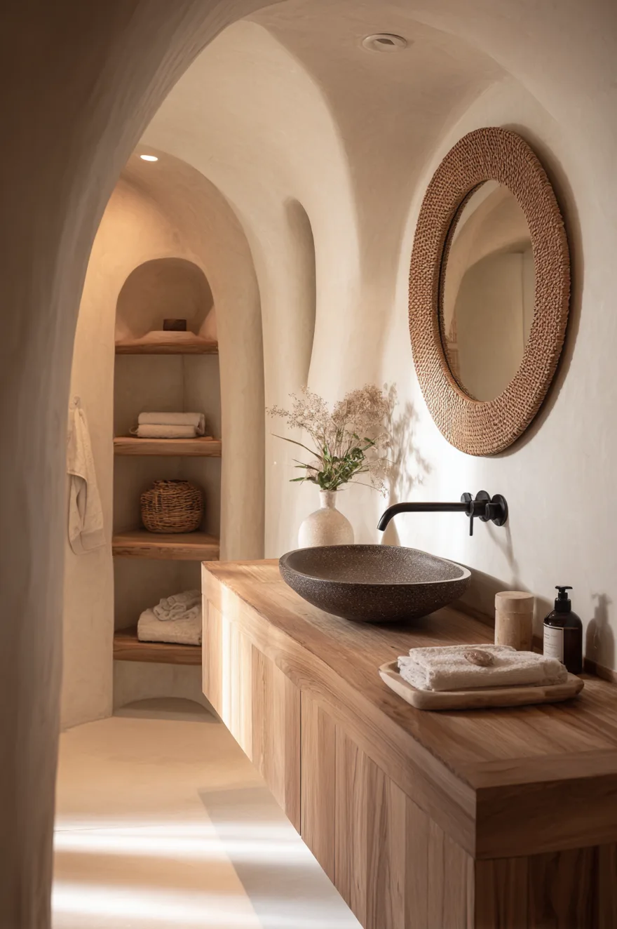 A warm, Mediterranean-style bathroom with smooth plaster arched doorways and walls, built-in shelving with towels, a wood floating vanity with a dark oval sink, and a round woven rattan mirror.