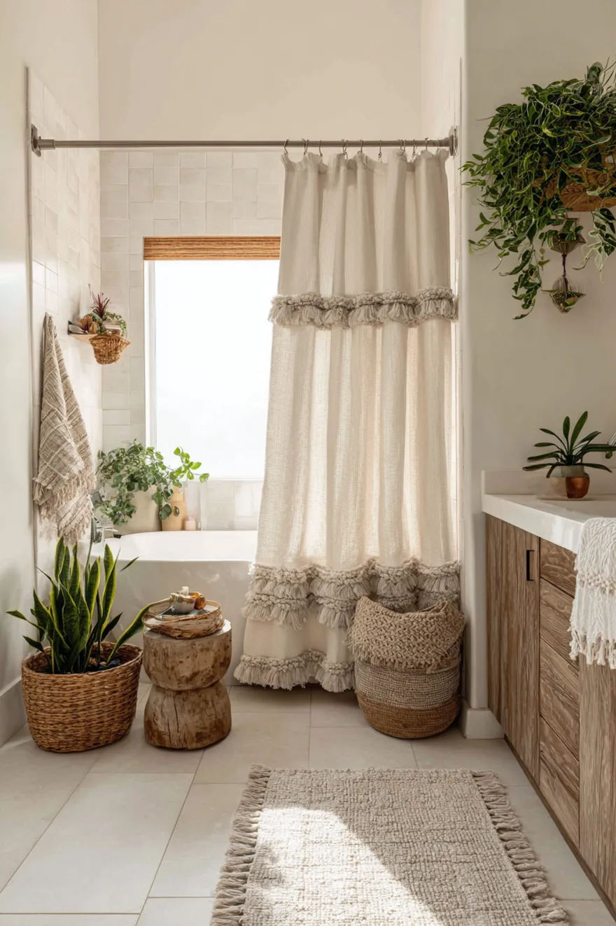 A bright bathroom featuring a white bathtub enclosed by a cream-colored textured shower curtain with thick fringe and tassels, surrounded by a wood stool, woven baskets, and a large potted snake plant.