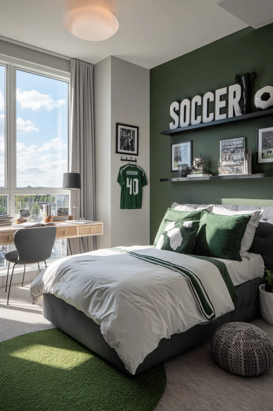 Soccer themed boys bedroom featuring a dark green accent wall with a black shelf holding large white letters spelling soccer, a grey upholstered bed with green and white bedding, and a hanging green jersey.