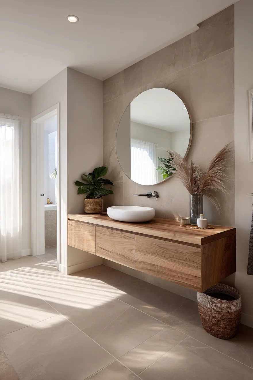 A minimalist boho bathroom featuring large format beige tiles on the walls and floor, a wood floating vanity with a white bowl sink, a large round mirror, and a tall vase filled with fluffy pampas grass.