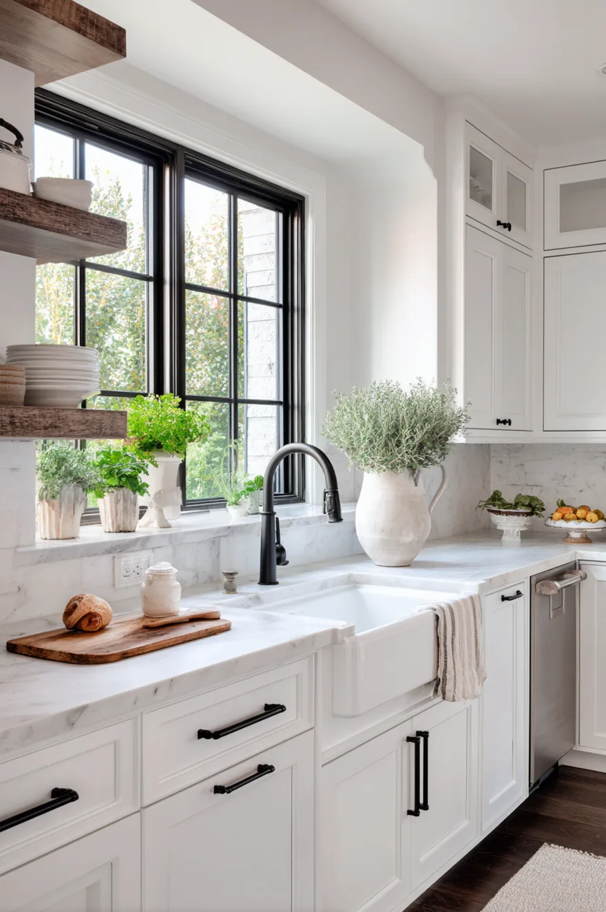 White fireclay apron-front farmhouse sink set into white marble countertops with a matte black high-arc faucet, surrounded by white shaker cabinets with black hardware and small potted green herbs by a black-framed window.