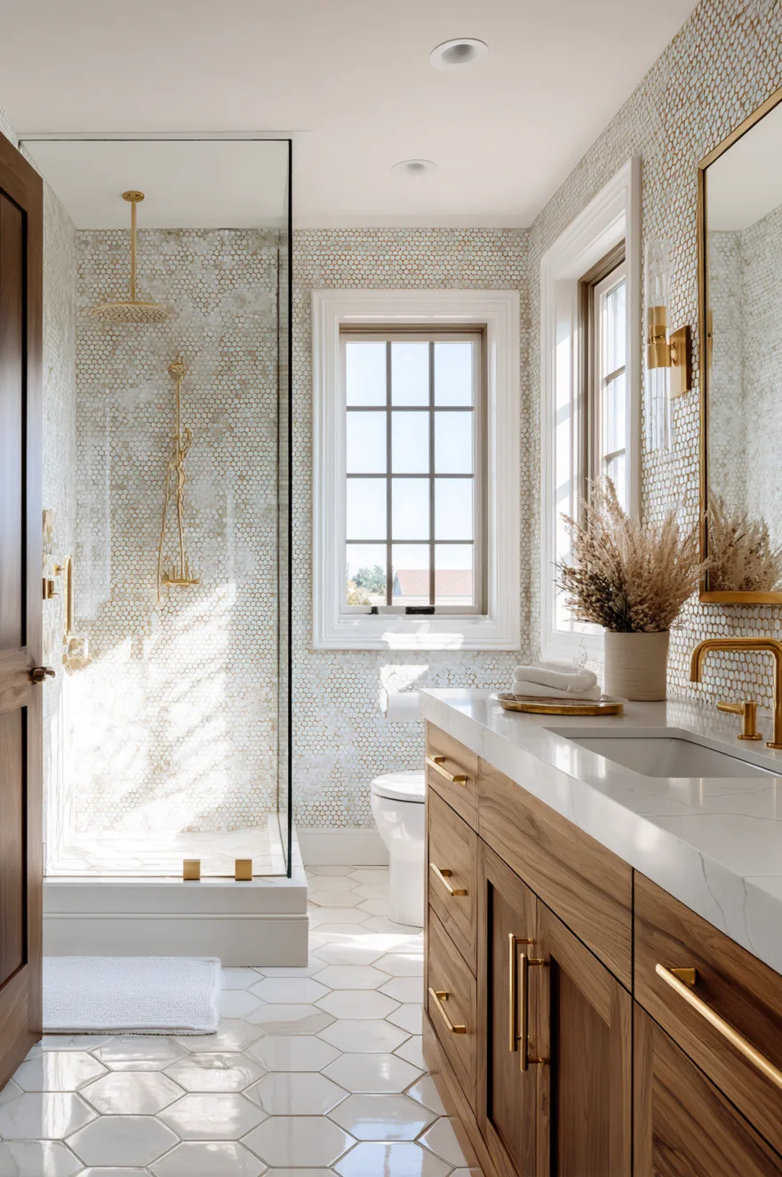 A luxurious bathroom featuring a warm wood vanity with brass hardware and a glass shower enclosure fitted with brass shower fixtures against a textured mosaic tile wall.