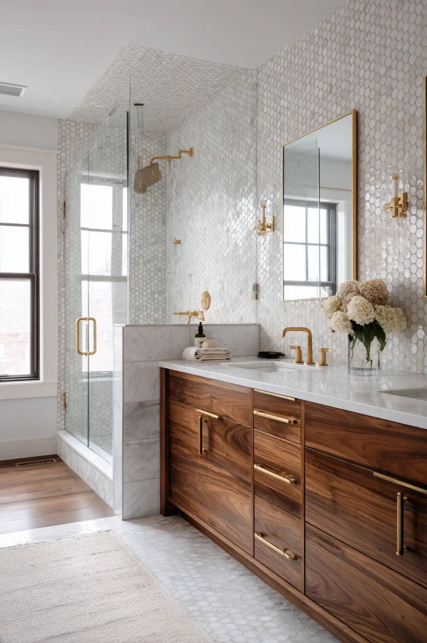 A bright bathroom space showing a long wood double vanity with brass faucets and a walk in shower featuring matching brass shower heads and small white textured wall tiles.
