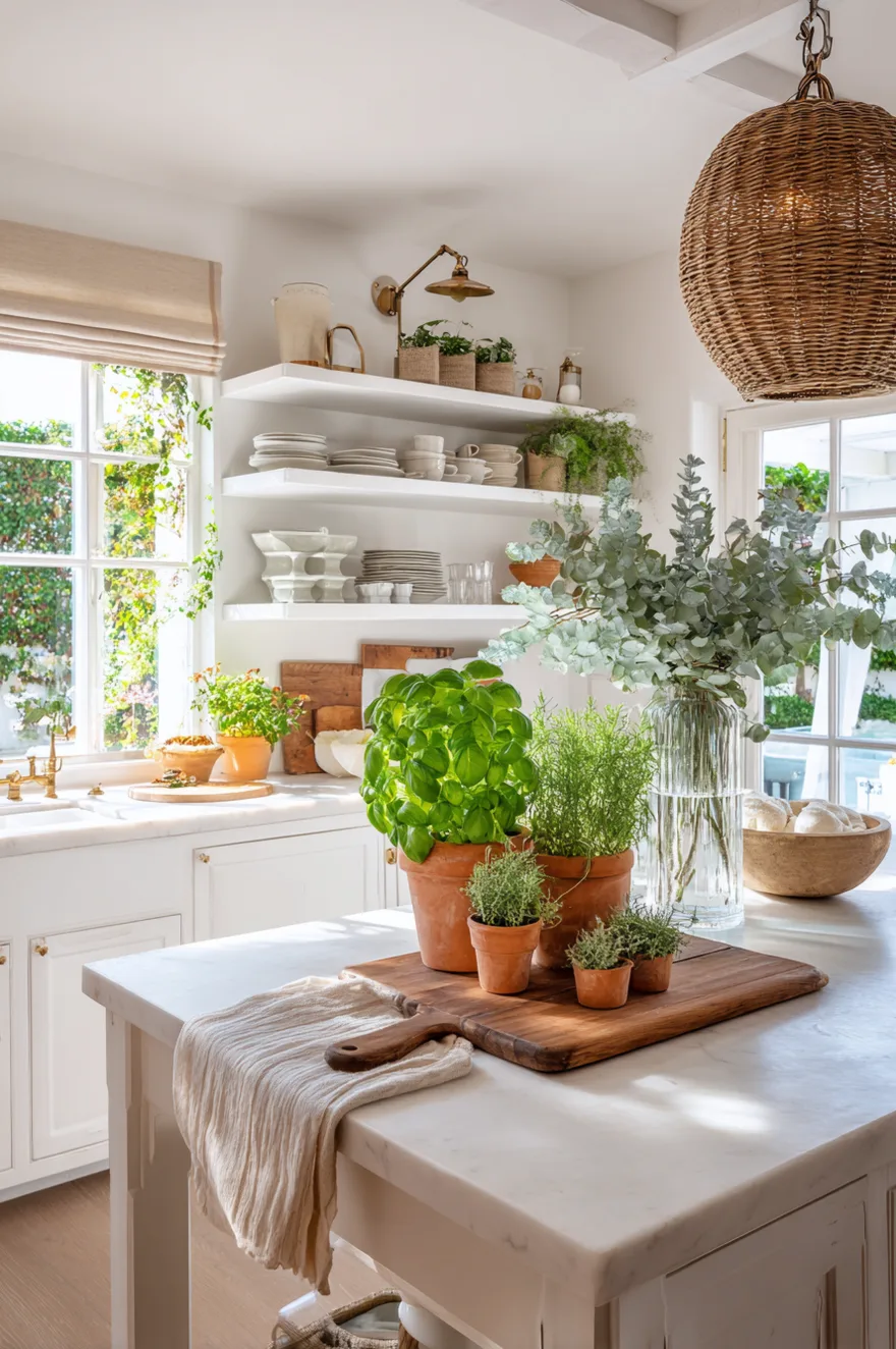 White marble kitchen island with several terracotta pots holding fresh green herbs like basil and rosemary sitting on a wooden cutting board with a linen towel, beneath a woven rattan pendant light.