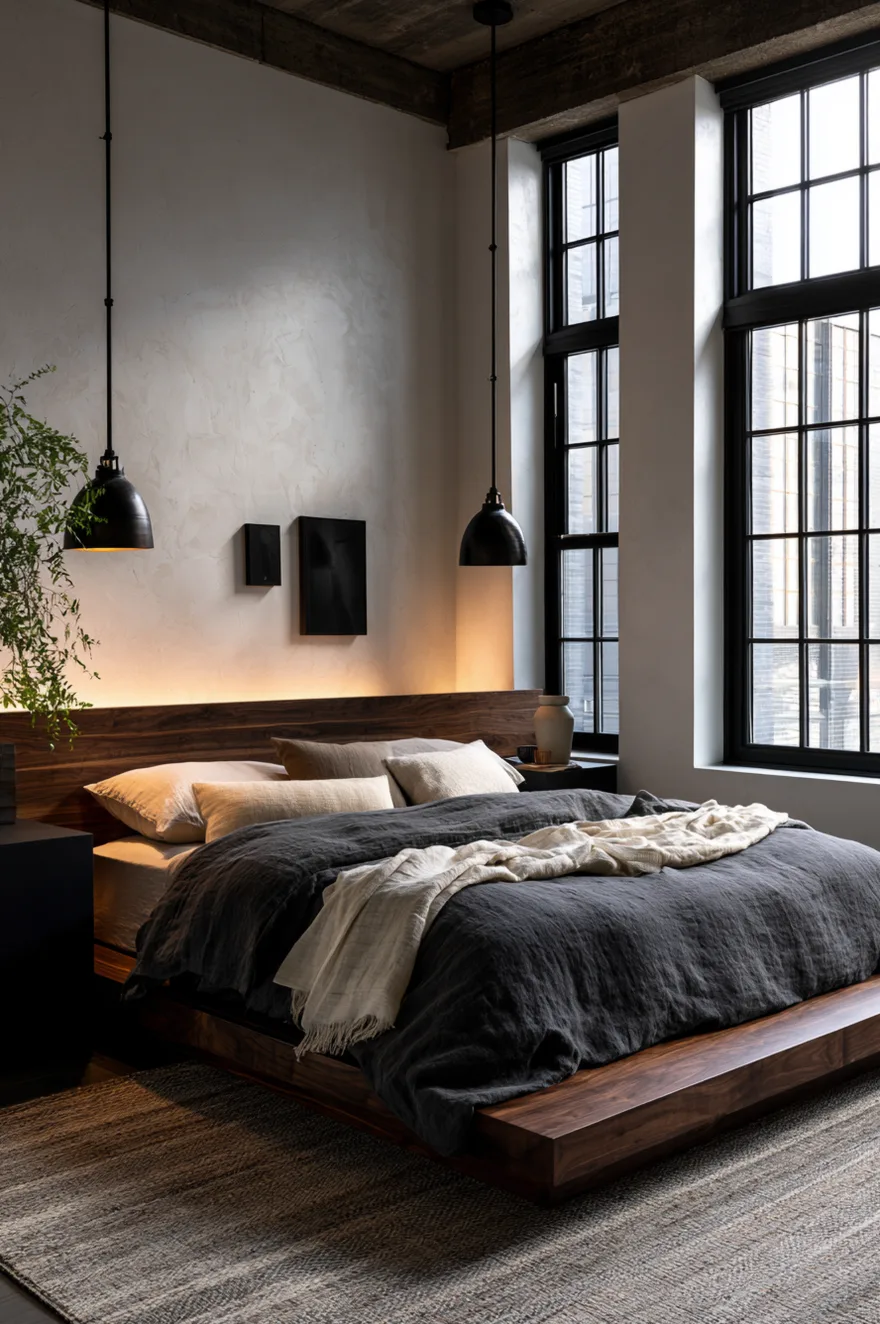 Moody Japandi bedroom with a dark walnut headboard featuring integrated warm LED backlighting, charcoal gray linen bedding, two matte black pendant lights hanging from a concrete ceiling, and large industrial grid windows.