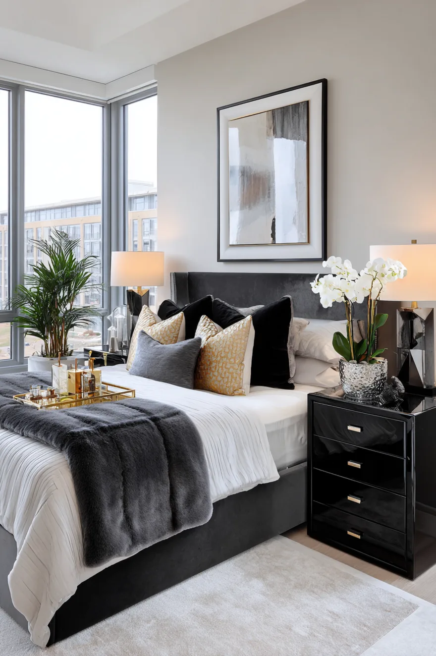 Modern bedroom with a high-gloss black lacquered nightstand featuring gold handles, a gray velvet headboard, plush decorative pillows in black and gold, and white orchids.