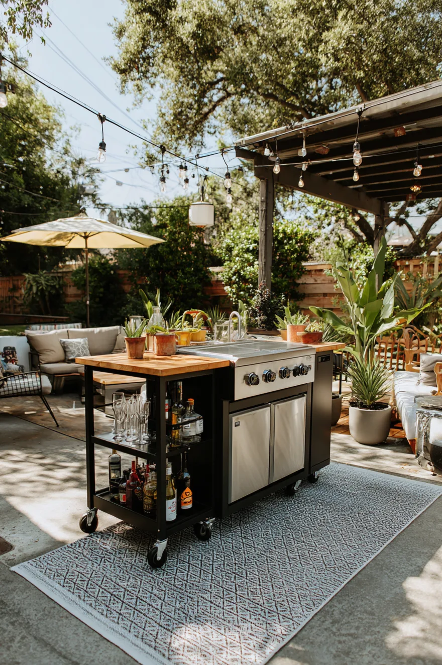 Freestanding modular outdoor kitchen station with sleek dark grey metal cabinets, a built-in grill, and open prep space set against a modern vertical wood slat privacy screen.