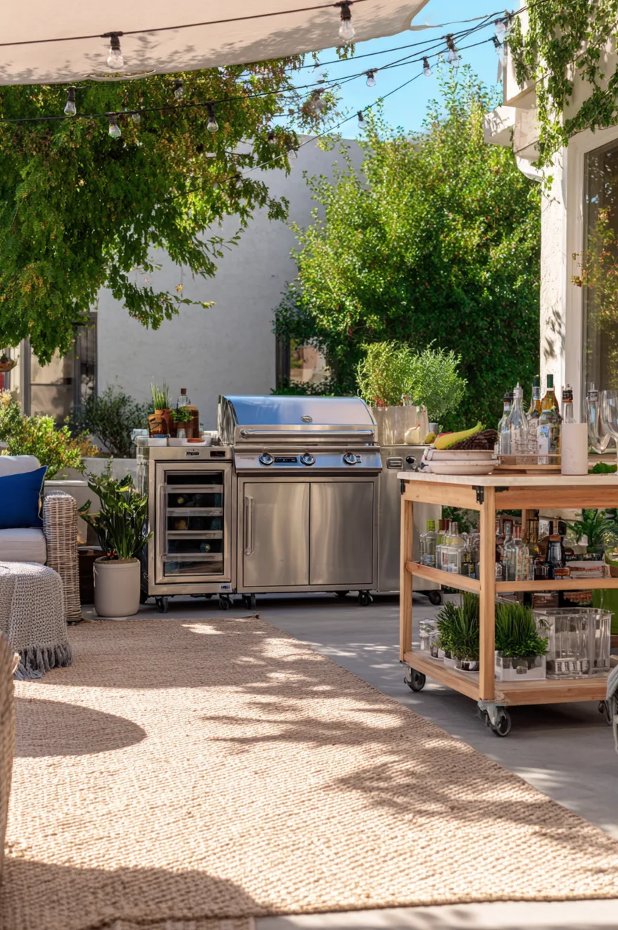 Modular rolling outdoor prep cart combining warm wood shelves and a dark metal frame, holding a portable tabletop pizza oven surrounded by potted greenery on a patio.