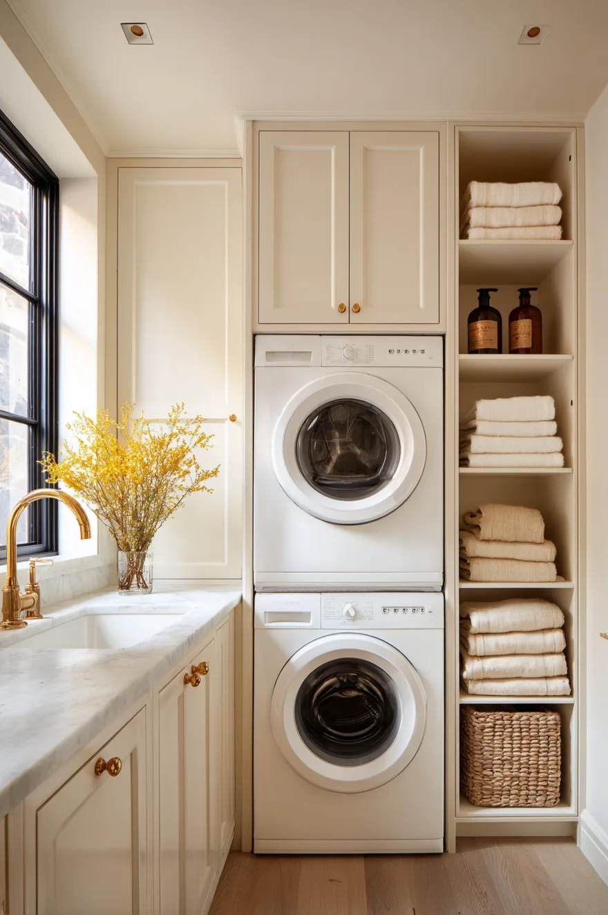 Modern white stackable washer and dryer unit built into a narrow hallway laundry closet with side storage.