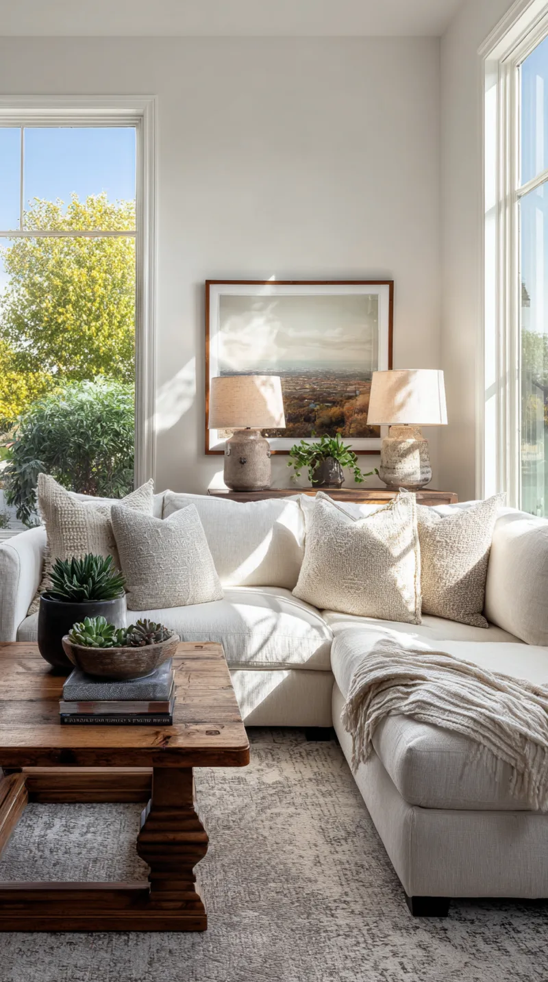 Textured ceramic table lamp with a linen shade sitting on a wooden side table next to a neutral armchair.