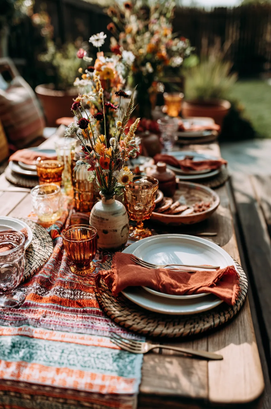 Long wooden outdoor table draped with a vibrant vintage Mexican blanket runner, topped with rustic ceramic bowls, woven placemats, and trailing green vines.