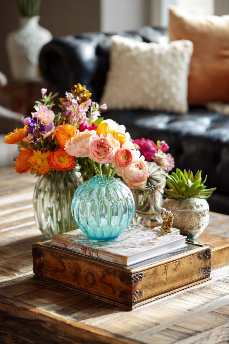 Bright orange and pink spring flowers in a blue glass vase sitting on top of an ornate vintage wooden box.
