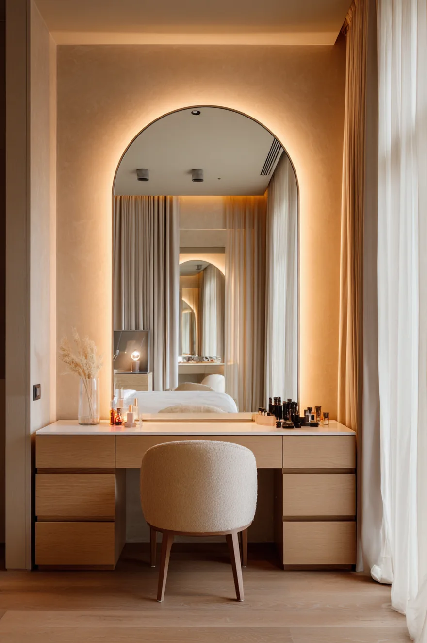 Light wood makeup vanity desk with a curved beige upholstered chair positioned in front of a tall arched mirror featuring integrated warm backlighting, topped with small cosmetic bottles.