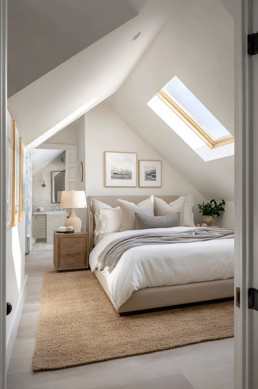 A bright attic bedroom with a neutral upholstered bed, a slanted ceiling with a skylight, and a doorway leading to a white ensuite bathroom featuring a vanity and marble details.