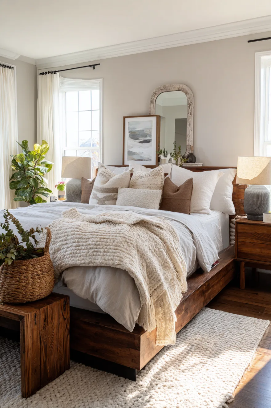 Curated bedrooms ideas for couples blending modern and traditional styles with a sleek bed frame and vintage nightstands.