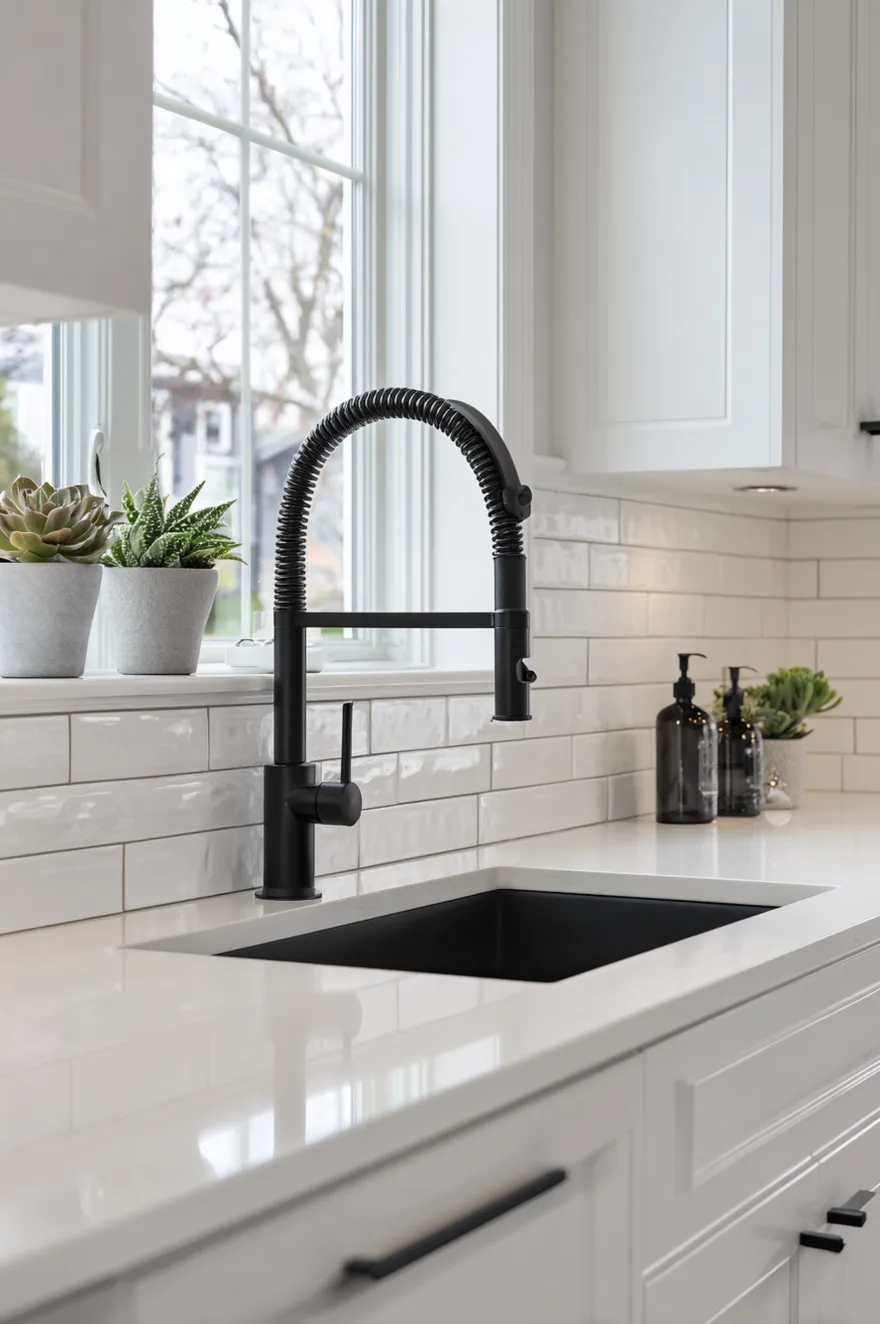 Matte black undermount kitchen sink with a matte black pull-down faucet, installed in white quartz countertops against a glossy white subway tile backsplash.