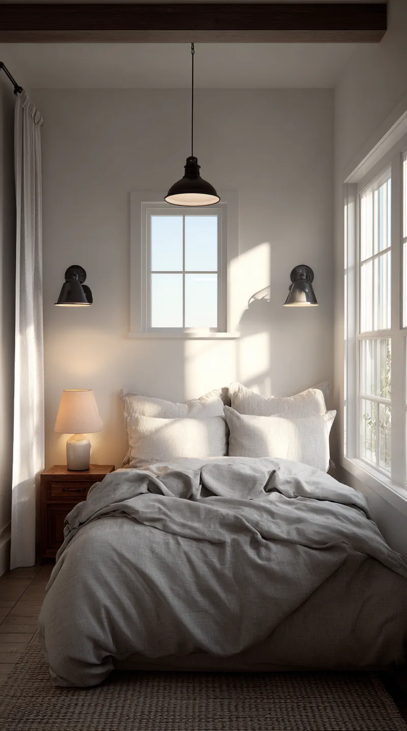 Bedroom at golden hour with black wall sconces above the bed and a pendant light for soft evening lighting.