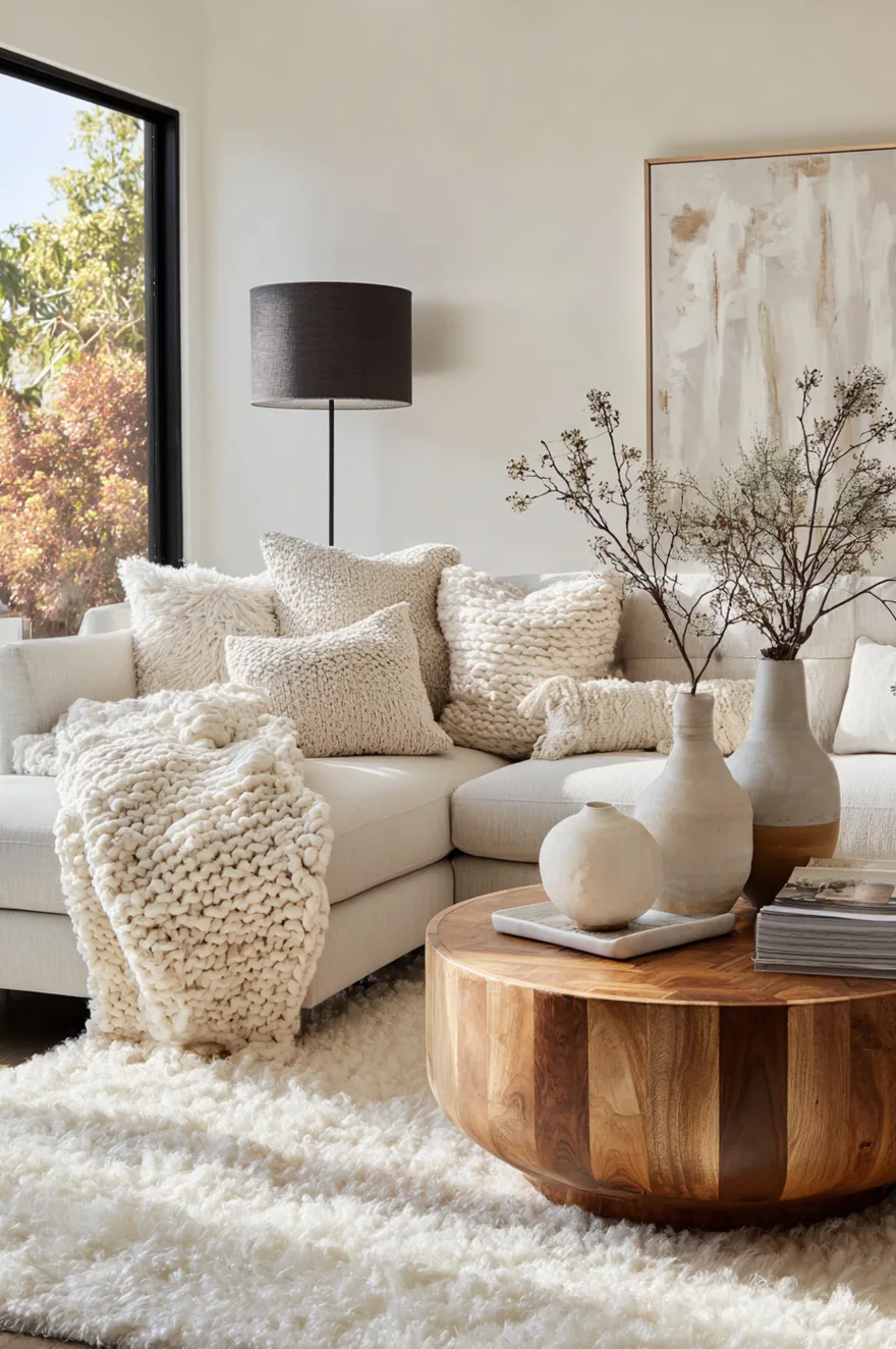A cozy living room corner showcasing a white sofa loaded with textured pillows and a chunky knit blanket, resting on a thick fluffy white shag carpet alongside a round wooden coffee table.