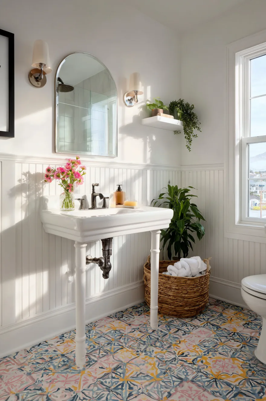 Colorful patterned geometric cement floor tiles in shades of blue, pink, and yellow inside a guest bathroom with a classic white pedestal sink, white beadboard wainscoting, and an arched mirror.