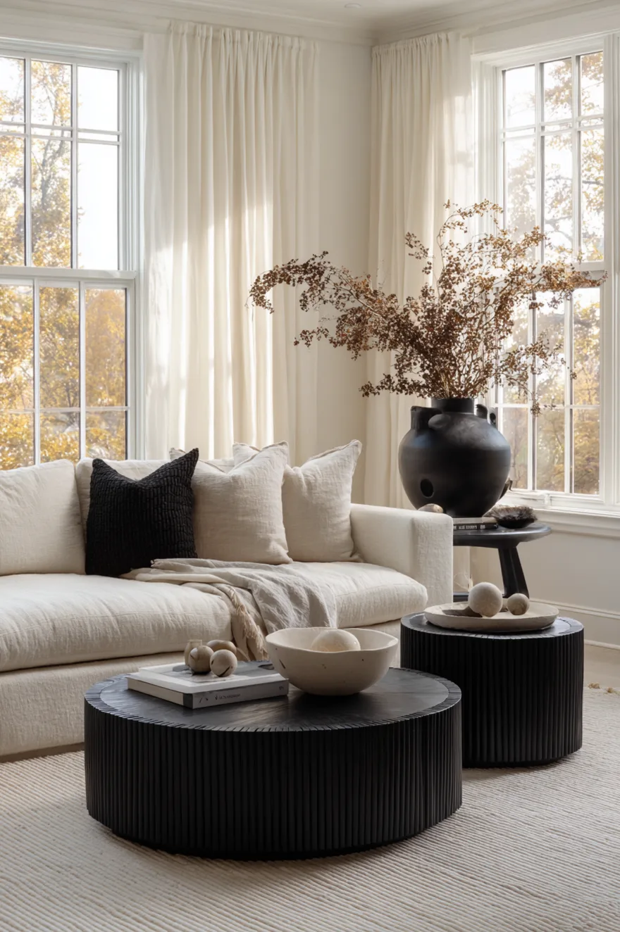 A stylish living room layout featuring a beige sofa, a black accent chair, and layered round coffee tables in black and natural wood on a light rug.