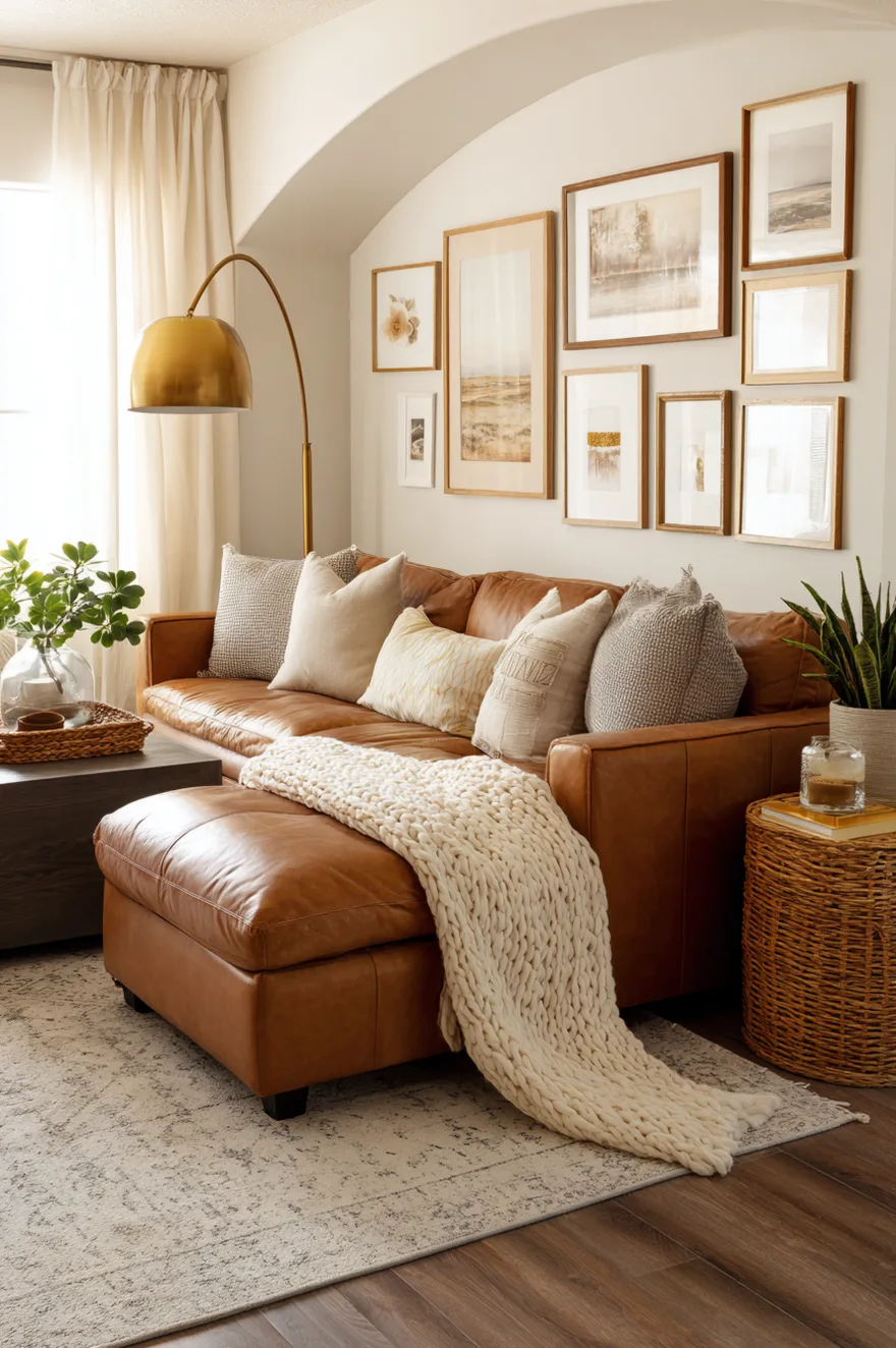 Cognac leather sectional sofa styled with neutral grey and cream pillows and a heavy knit white blanket, placed in front of a neutral gallery wall and next to a gold floor lamp.