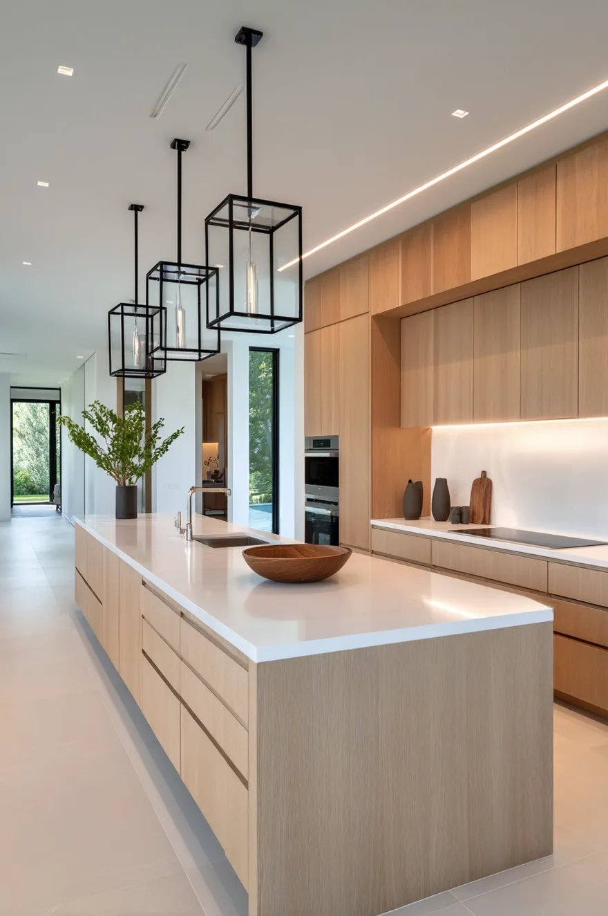 Sleek modern kitchen with flat panel natural wood upper cabinets, a seamless white backsplash, and a long wood island topped with white counters and three black square lantern pendants.