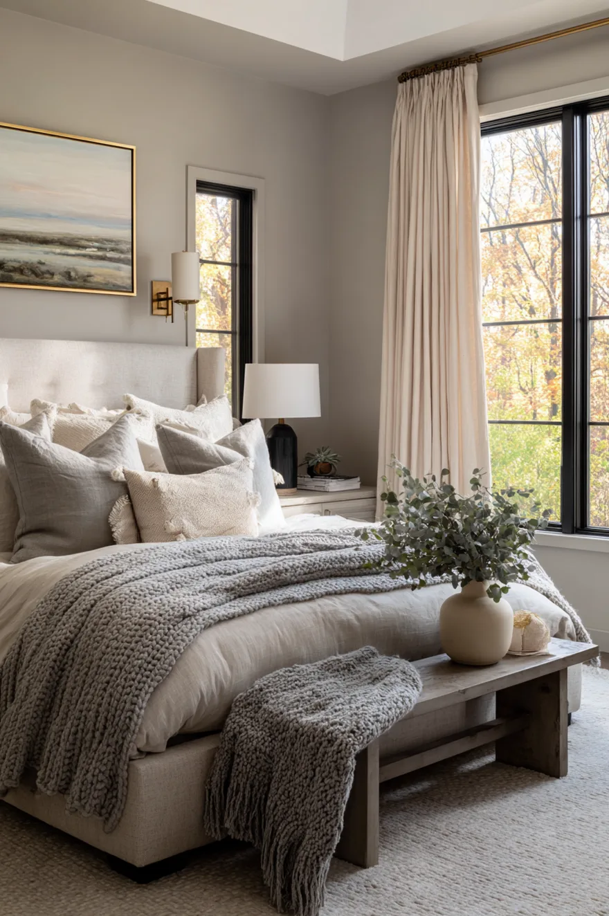 A bright master bedroom featuring taupe walls, a beige upholstered bed with a chunky grey blanket, and a rustic wood bench displaying a vase of eucalyptus next to large windows.