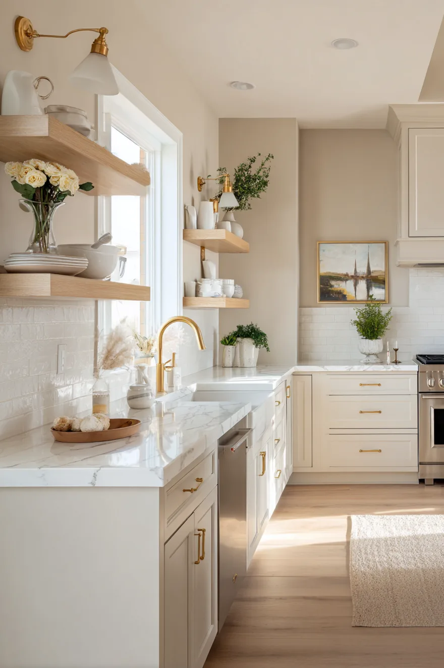 Kitchen wall painted in Sherwin Williams Comfort Gray paired with natural wood open shelving.