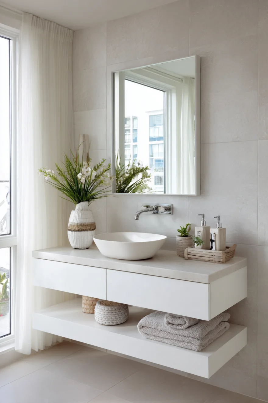 Modern white floating vanity with an open lower shelf holding neatly folded grey towels and woven baskets.