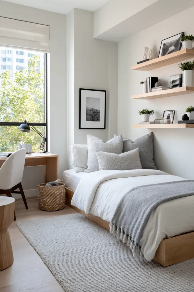 Minimalist boys bedroom with white walls, a light wood platform bed with white and grey bedding, floating wood shelves displaying framed black and white photography, and a small wood desk by the window.